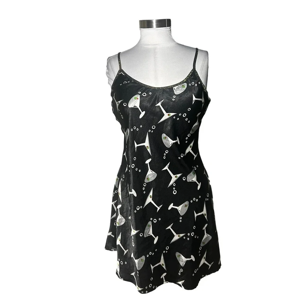 Vintage Martini Print Slip Dress Medium Black Cocktail Glass Glitter Trim